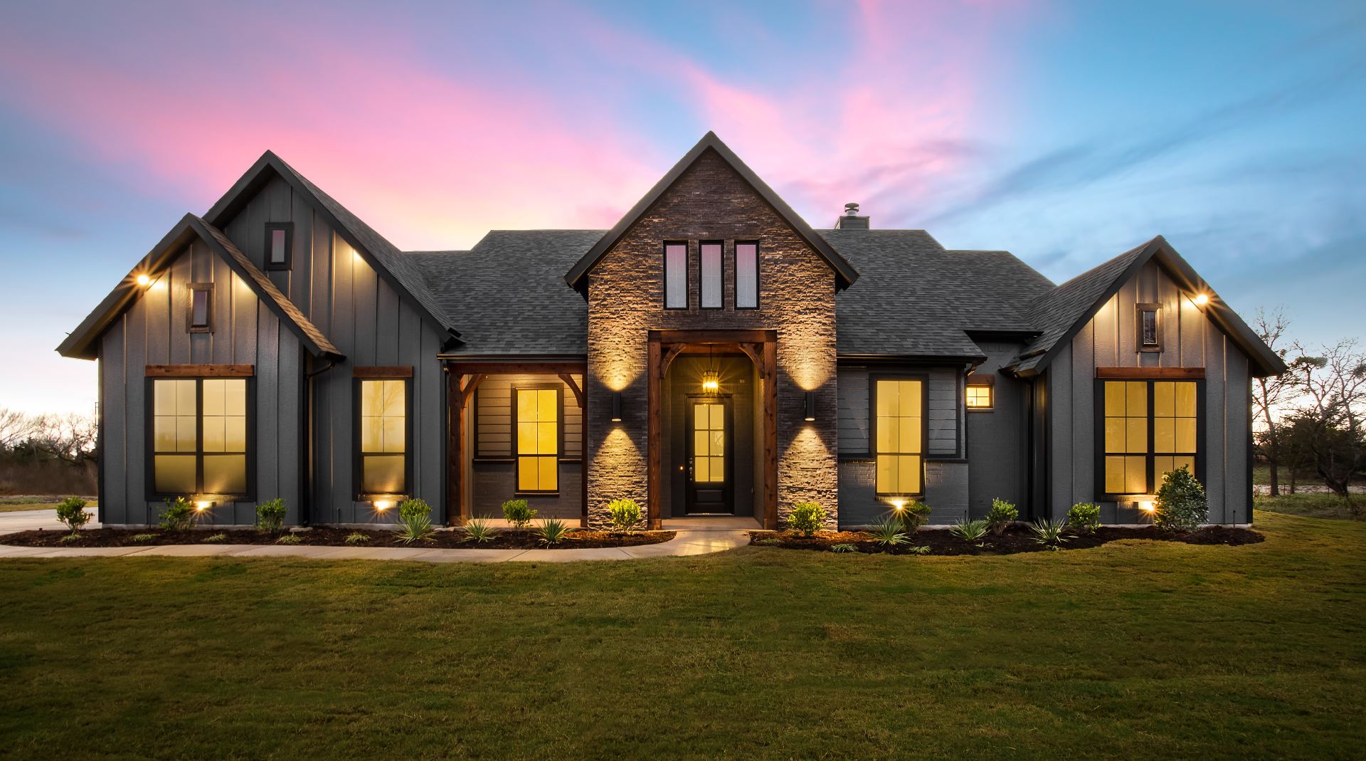 A dramatic exterior at dusk from a C&C listing film